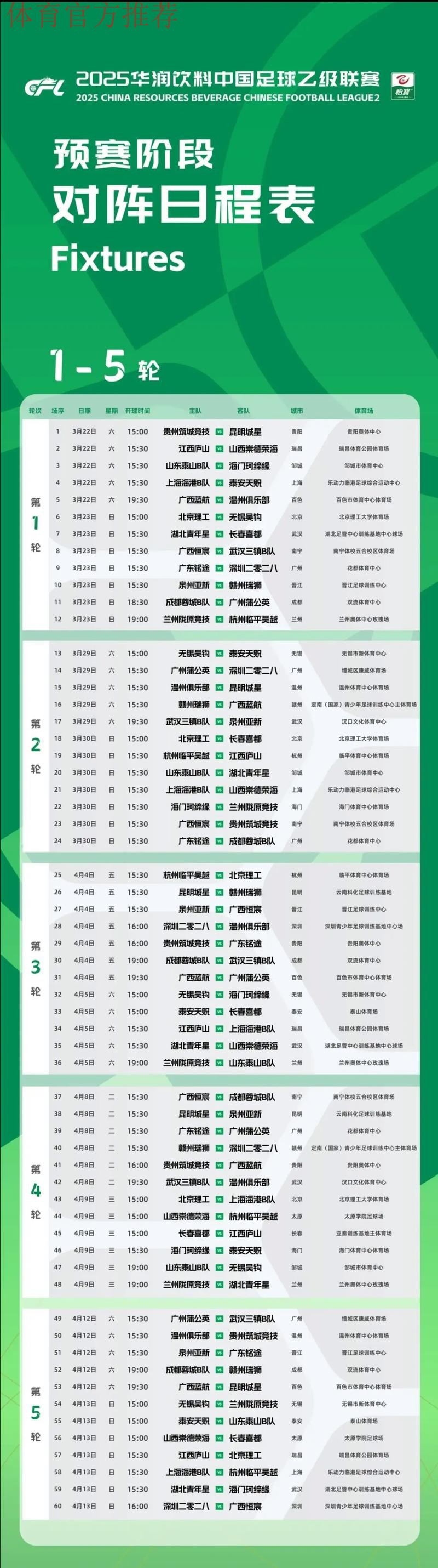 唤燃亿心 - 2020年中乙联赛第一阶段赛程公布